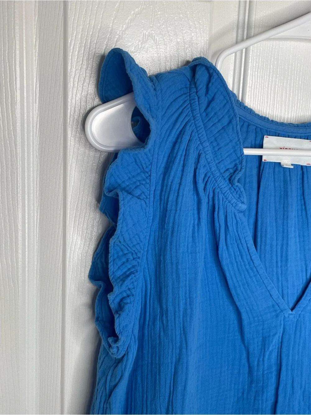 Xirena 100% Cotton Poplin Ruffle Trim V-Neck Tank Top Gauzy in Nautical Blue S - Picture 7 of 11